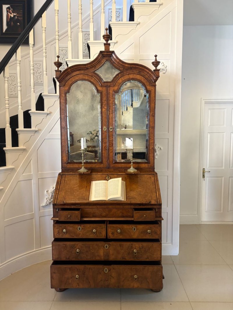 Antique Queen Anne Fantastic Quality Burr Walnut and Featherbanded Bureau Bookcase